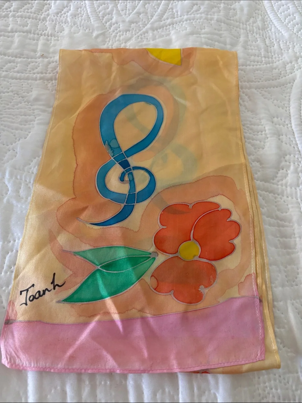 Long Floral Silk Scarf with Blue Ribbon Motif